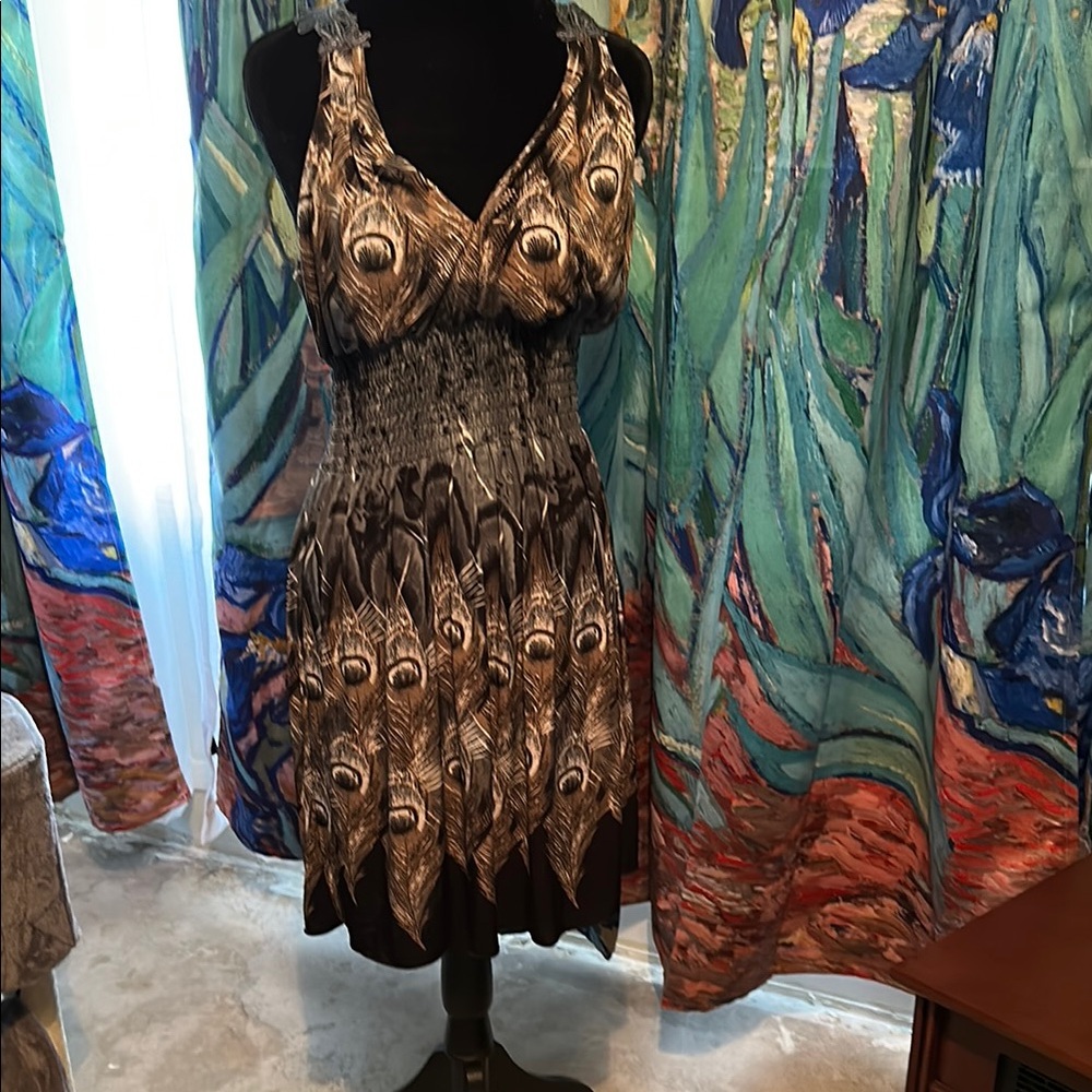 Chic Brown Feather Pattern Midi Dress